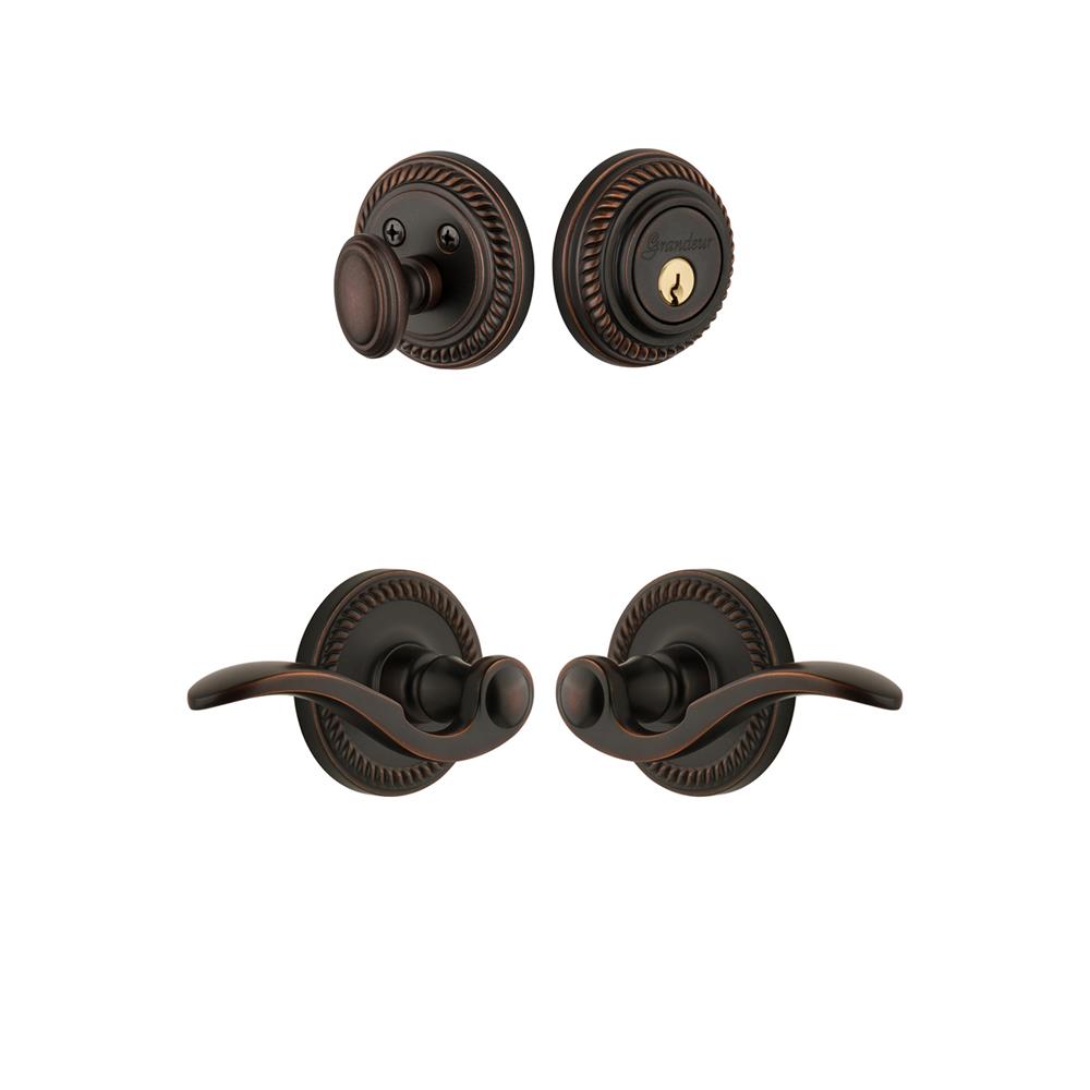 Grandeur by Nostalgic Warehouse Single Cylinder Combo Pack Keyed Differently Right Handed - Newport Rosette with Bellagio Lever and Matching Deadbolt in Timeless Bronze